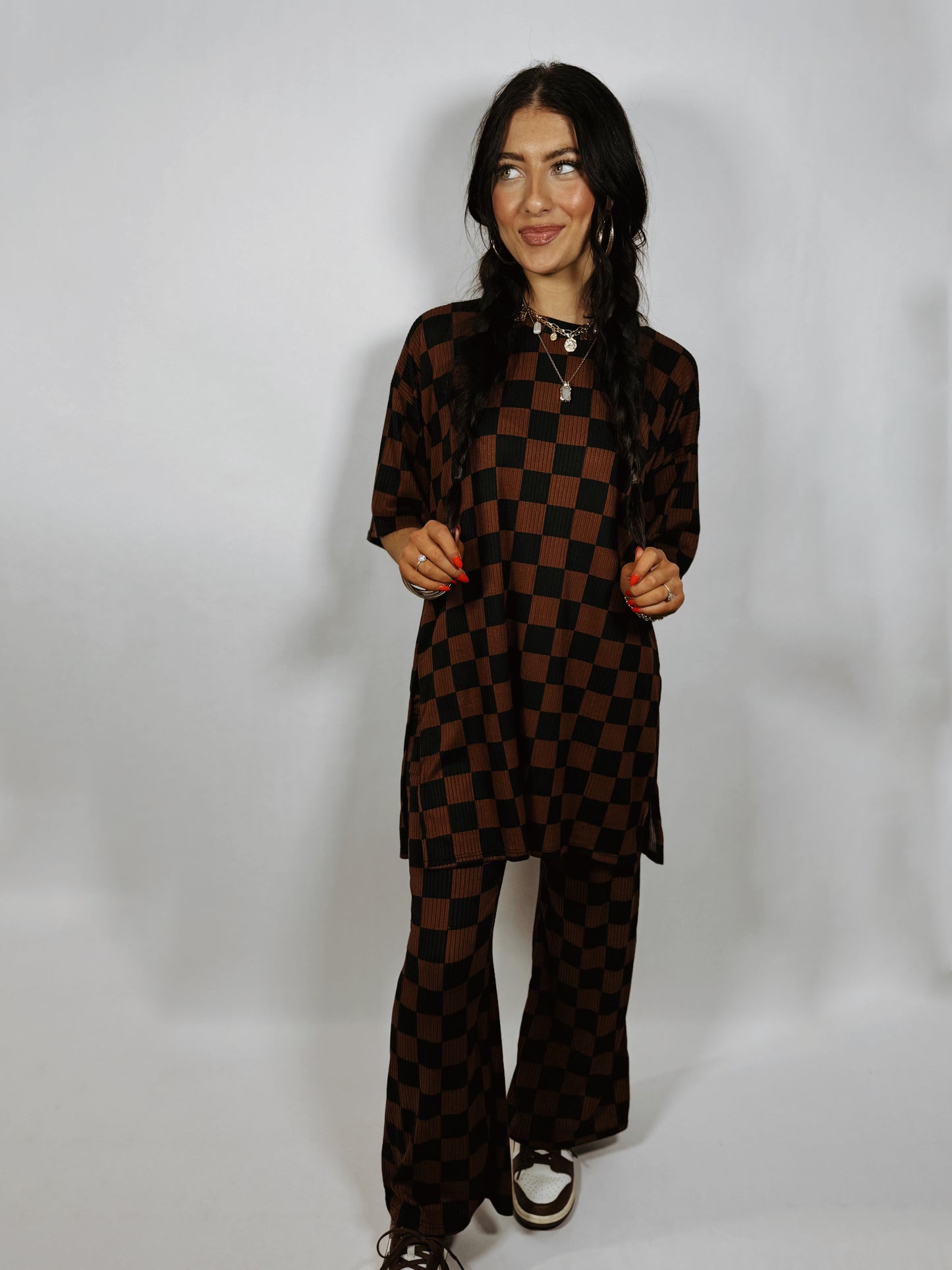 CHIC CHECKERED LOUNGE SET - MOCHA